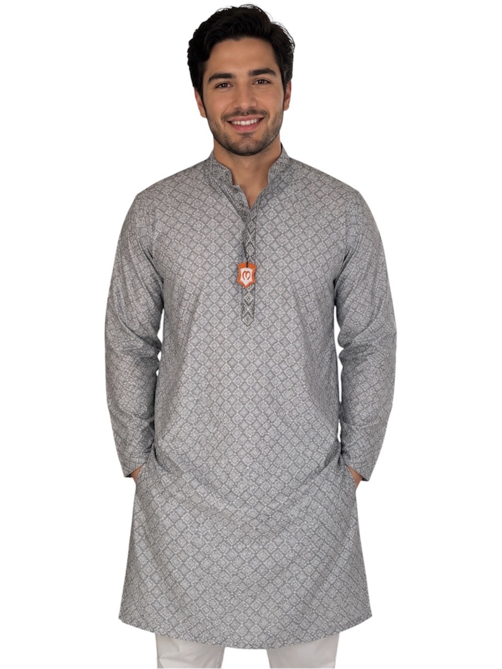 Men’s Embroidered Grey Kurta – Traditional Indian/Pakistani Tunic – Size XL-XXL